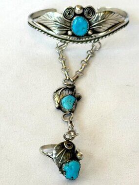 VINTAGE NAVAJO SIGNED TURQUOISE STERLING SILVER SLAVE BRACELET 20g RING SIZE 7